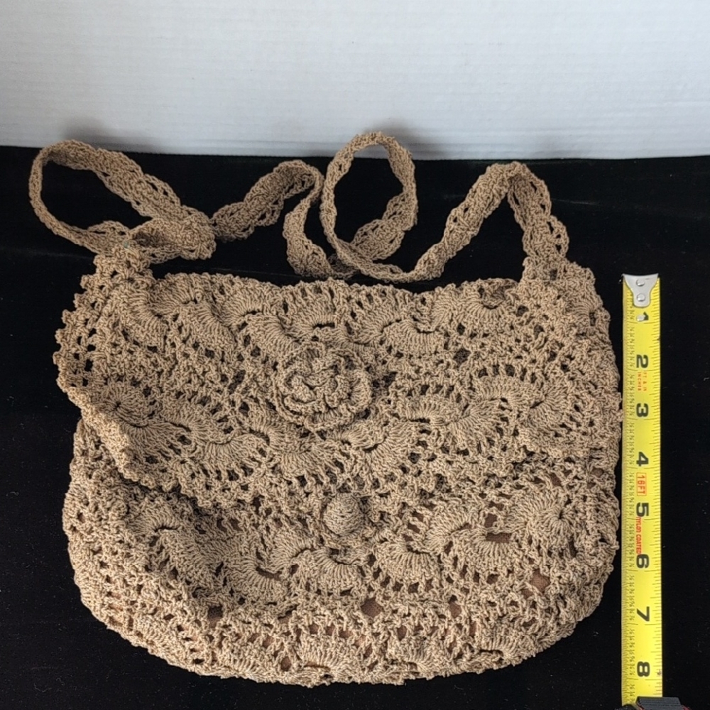 Handcrafted Vintage Crochet Tan Shoulder Strap Purse